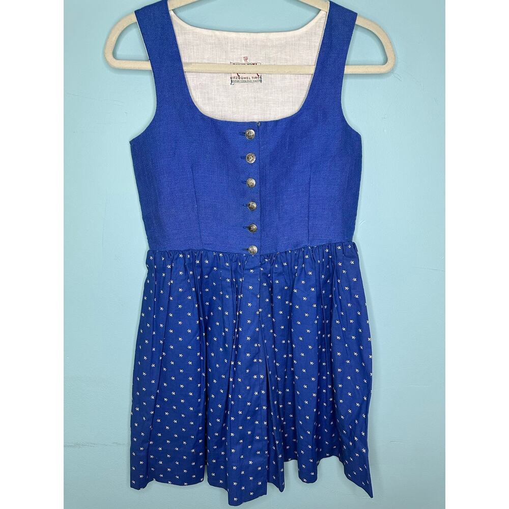 vintage blue cotton dirndl dress white floral sleeveless 100% cotton lined s/xs